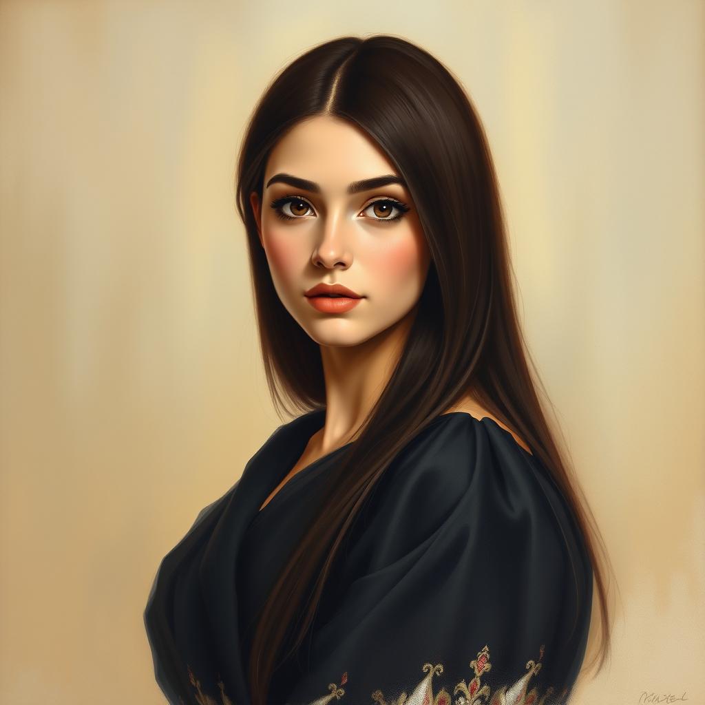 A portrait painting of a youthful woman in her 30s, featuring long, straight dark brown hair that appears almost black