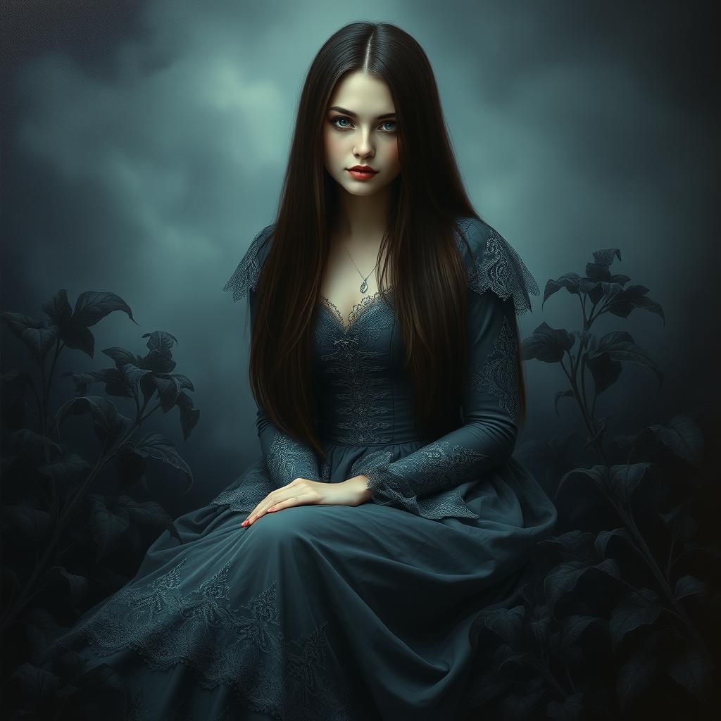 An airbrush oil painting of a breathtakingly beautiful and mysterious woman with long straight dark brown hair