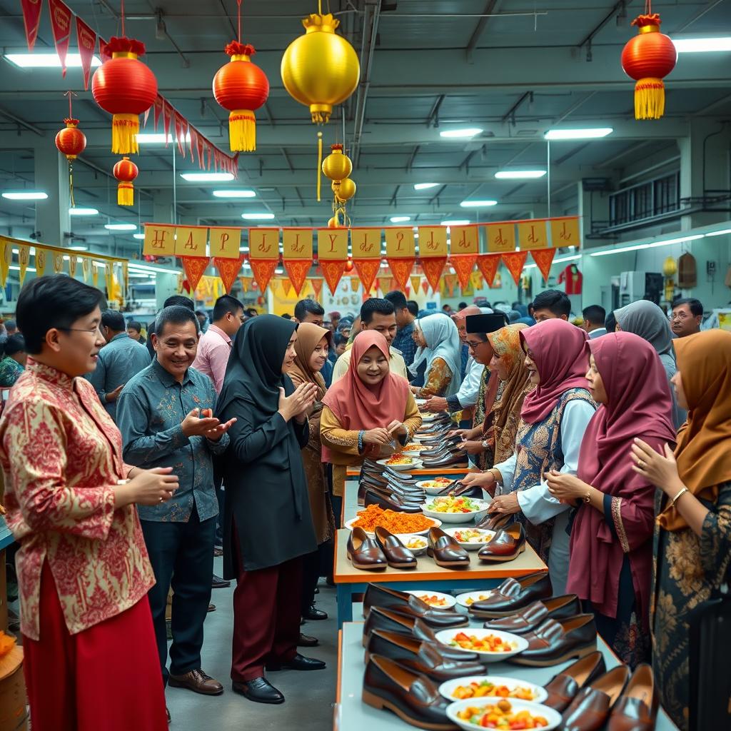 A lively scene celebrating Eid with a halal bihalal theme at an Indonesian shoe factory