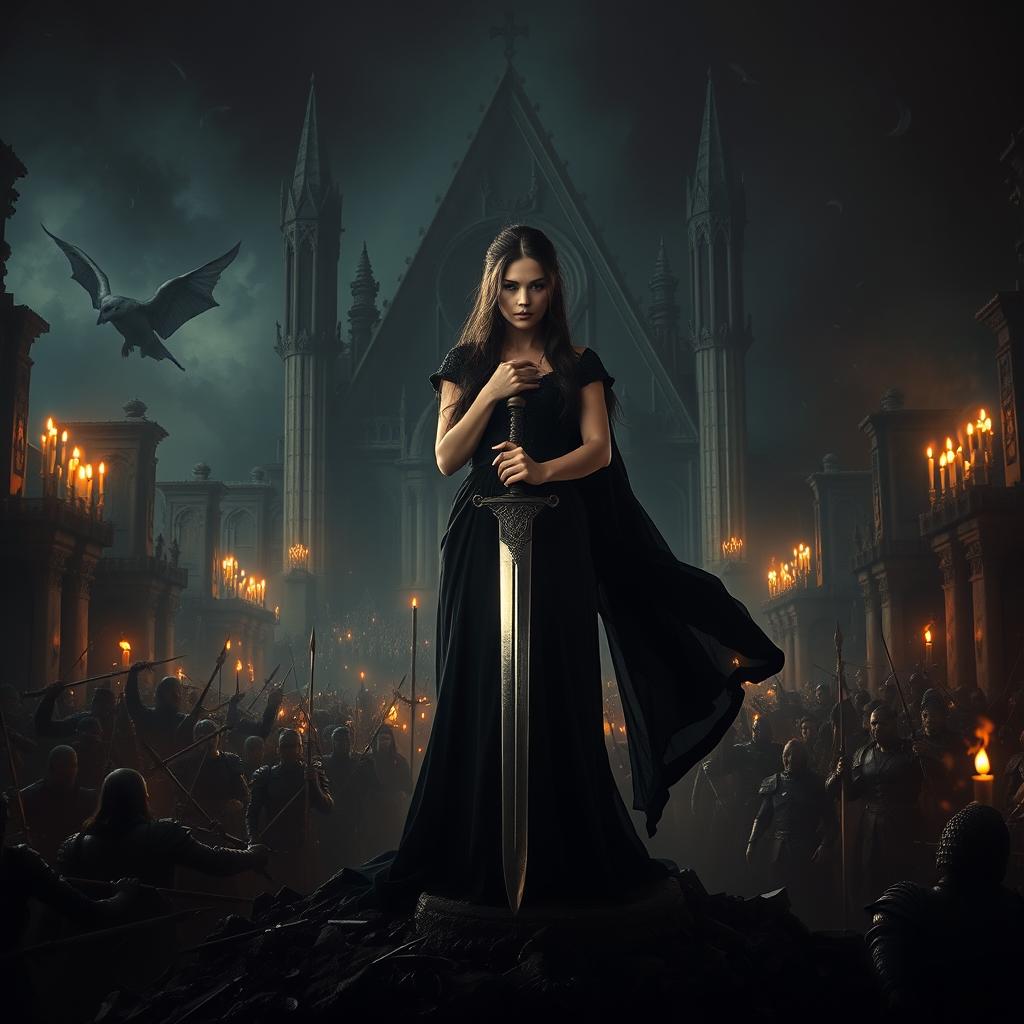 In the midst of a dark and chaotic battlefield at night, a graceful and ethereal gothic woman stands triumphantly above the masses, holding a sword firmly to the ground