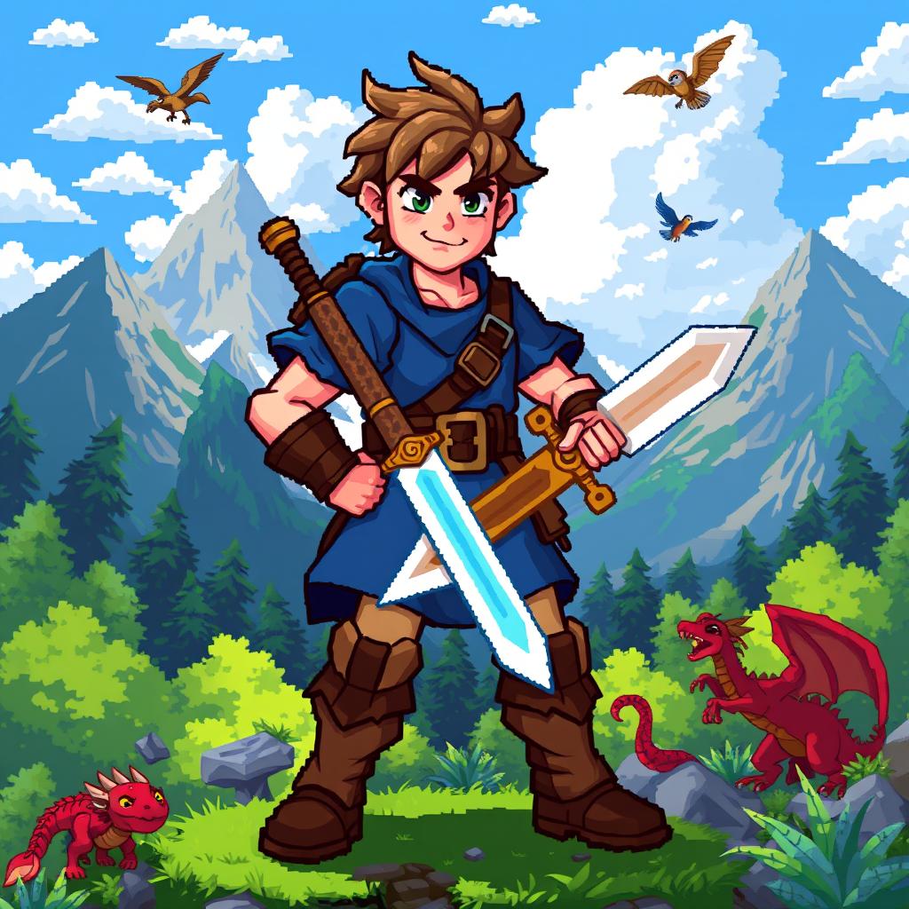 A vibrant pixel art scene depicting a brave male adventurer in a fantasy landscape