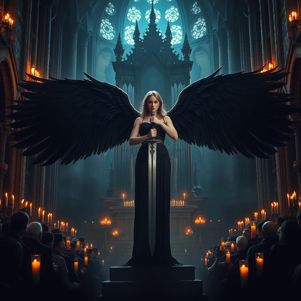 In the middle of a dark, war-torn night, a graceful and ethereal gothic woman stands heroically in front of an imposing throne, towering above a throng of worshippers