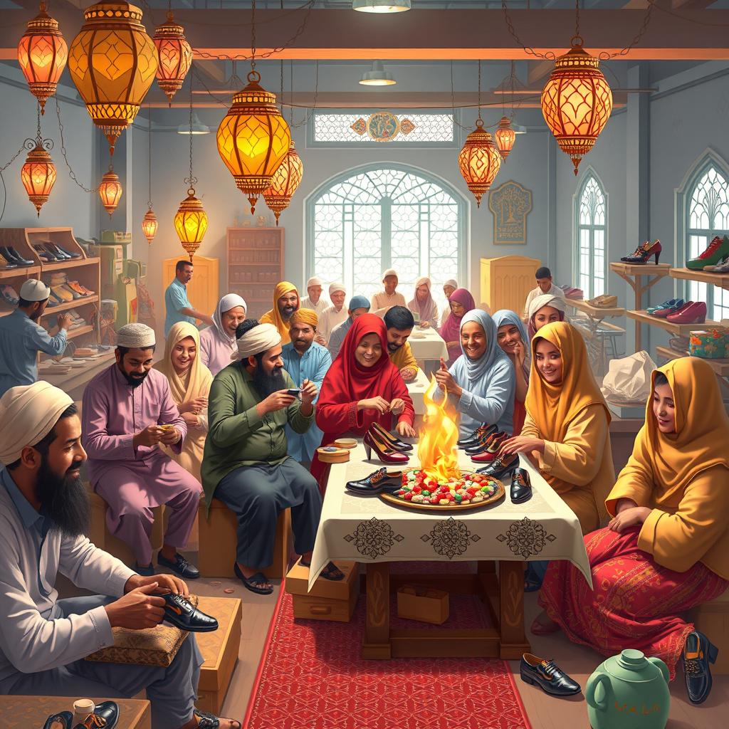 A vibrant scene celebrating Eid al-Fitr within a traditional Islamic theme, showcasing a lively shoe factory filled with enthusiastic workers