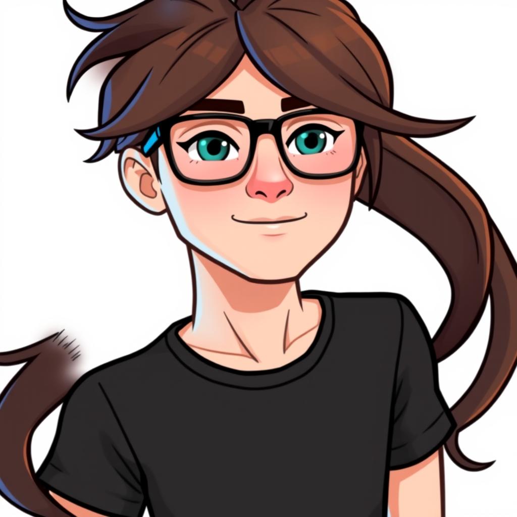 A digital cartoon representation of a man with long, flowing brown hair, wearing stylish glasses