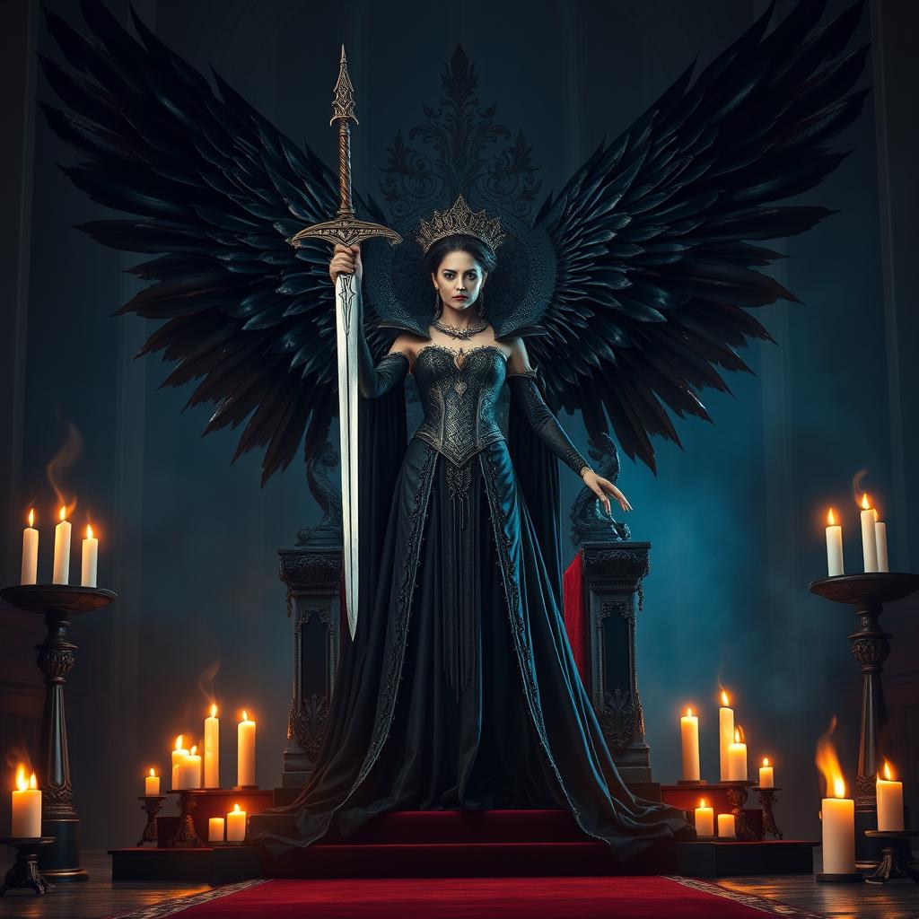 The queen of dark and destruction stands gracefully in front of her grand throne, towering above the masses, wielding a magnificent sword in her hand