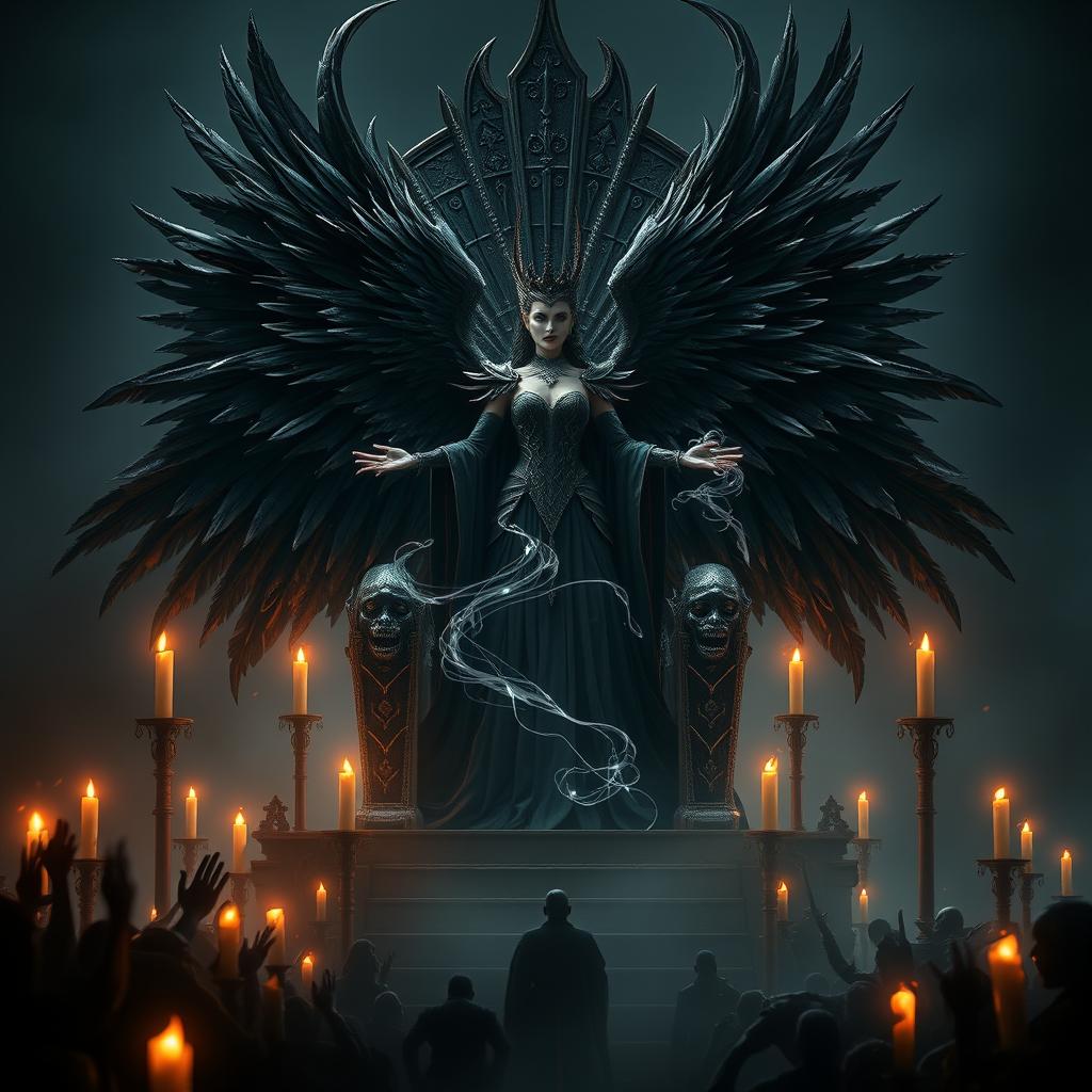 The queen of darkness and destruction standing gracefully before her imposing throne, towering over the masses below