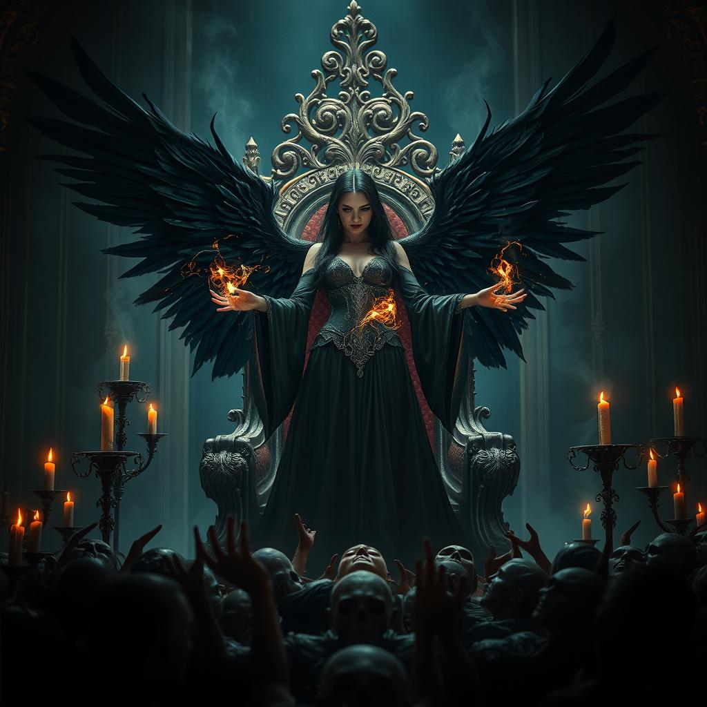 A dark and beautiful witch stands gracefully in front of her ornate throne, towering above a gathered mass below her
