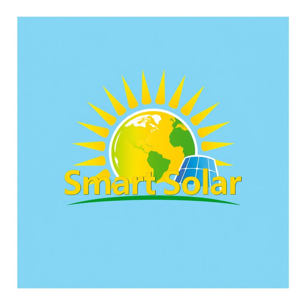 A vibrant logo design centered around solar energy, featuring a stylized sun radiating bright rays, a globe representing Earth prominently placed, and solar panels integrated into the design