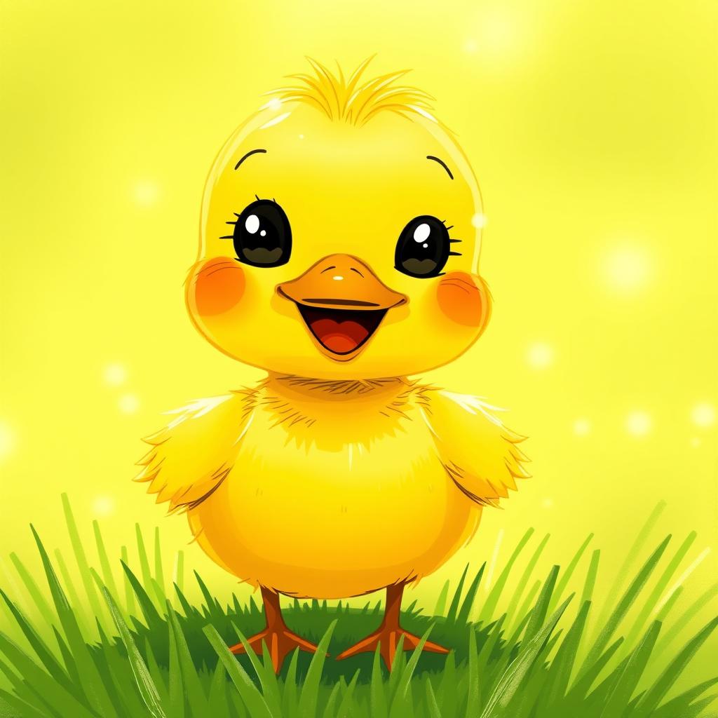 A close-up image of a cute little yellow duck happily standing on green grass, illustrated in the style of Jon Klassen