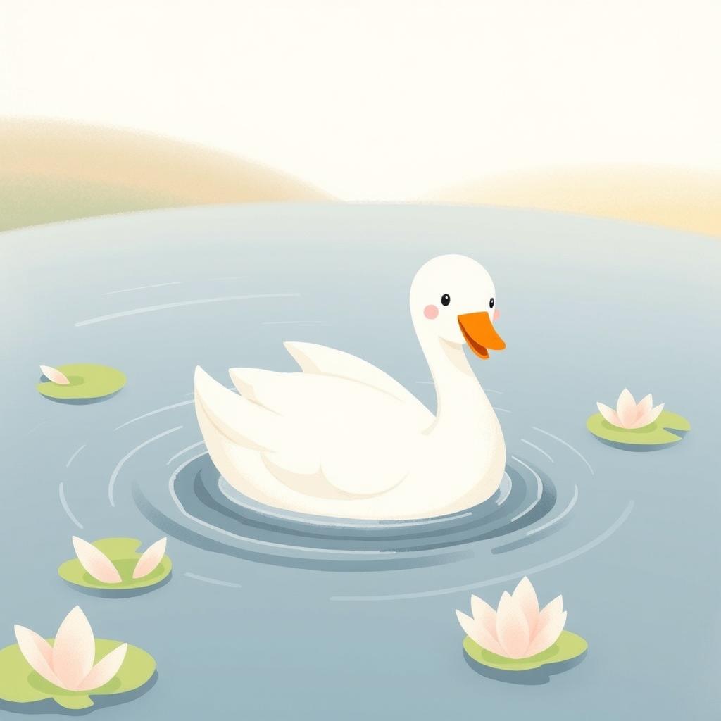 A joyful little swan happily swimming in a pond, illustrated in the style of Jon Klassen