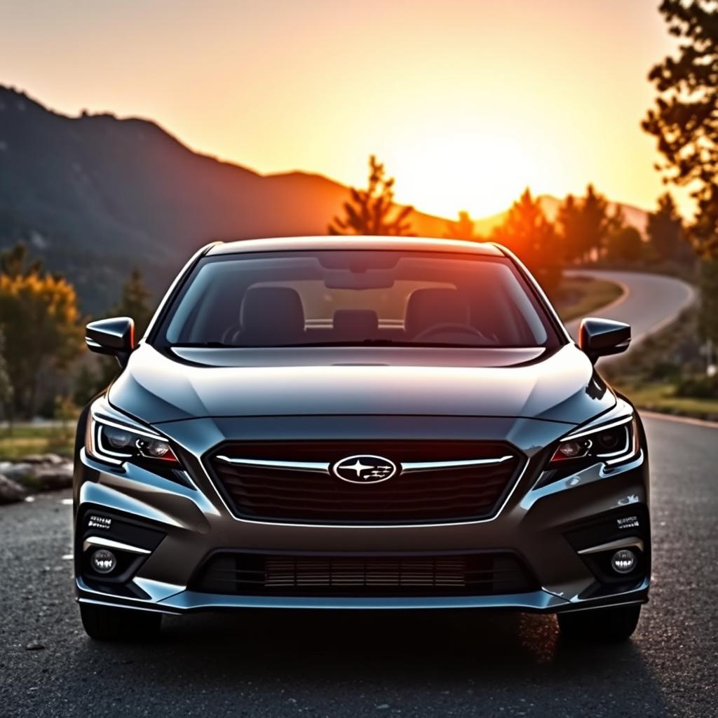 A sleek and modern Subaru Legacy parked in front of a scenic mountain backdrop during the golden hour