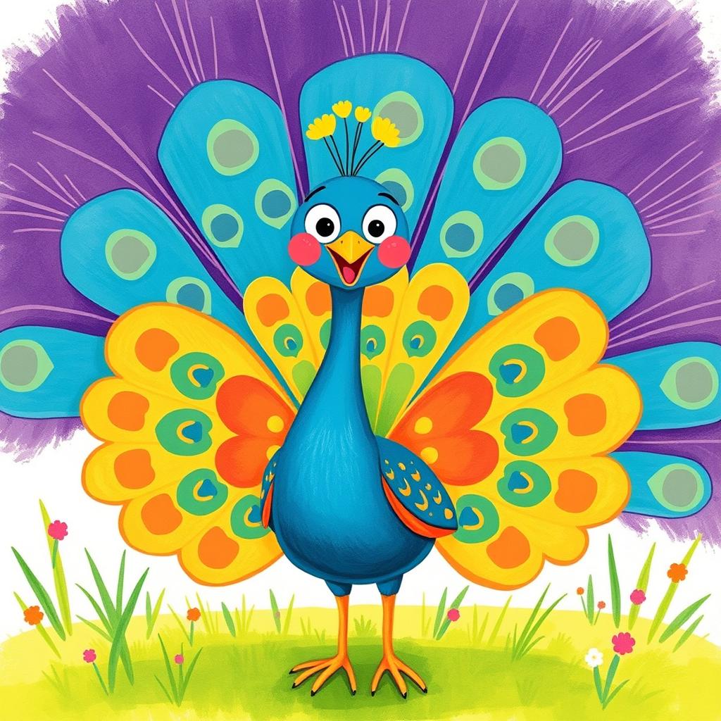 A cheerful little peacock with its feathers fully fanned out, beautifully displayed while standing on green grass, illustrated in the style of Jon Klassen