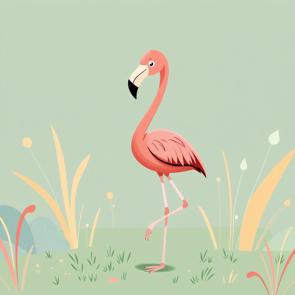 An elegant and adorable flamingo standing gracefully on green grass, illustrated in the style of Jon Klassen