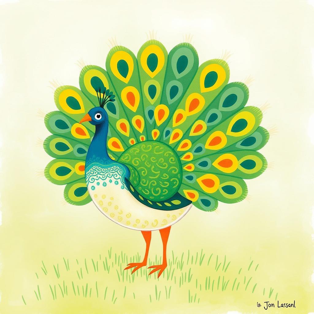 A delightful peacock with its feathers fully fanned out, standing gracefully on green grass, illustrated in the whimsical style of Jon Klassen