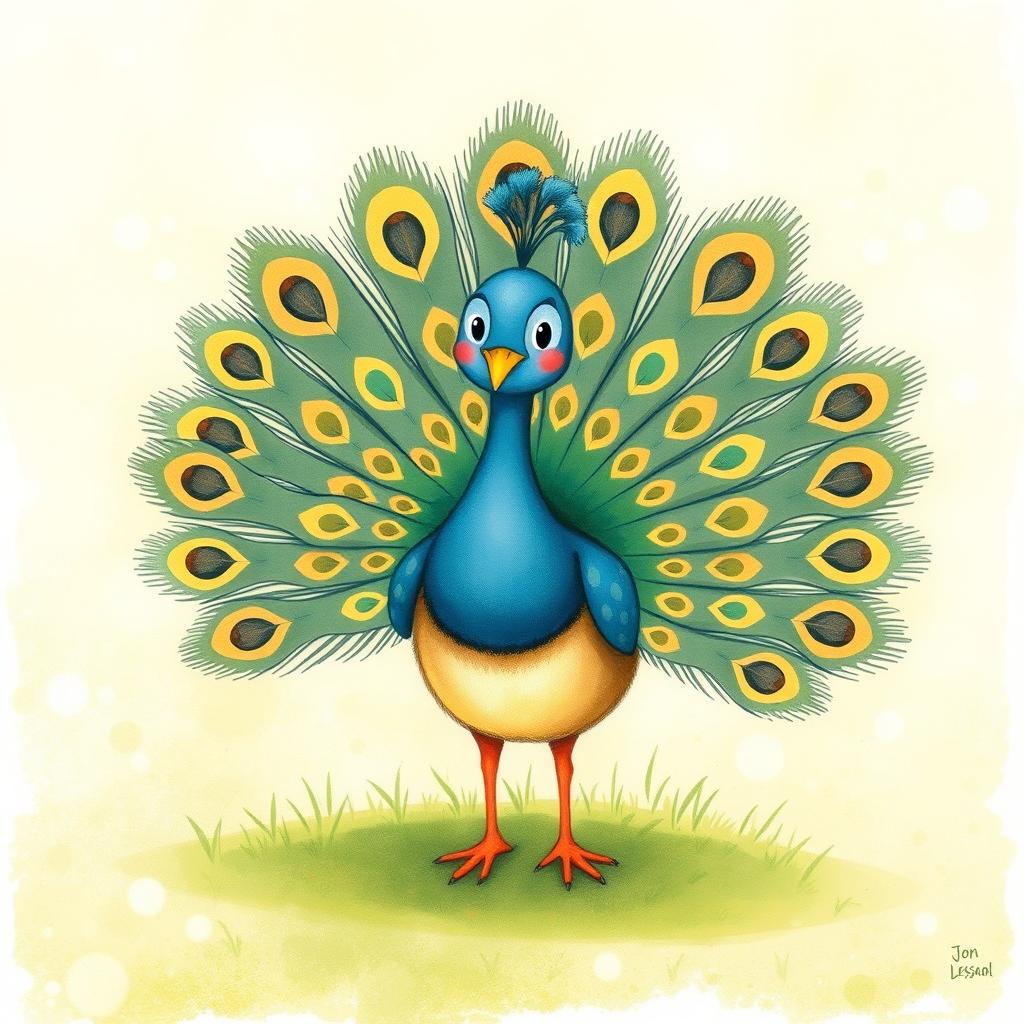 A cute little peacock with its feathers fully fanned out, standing proudly on green grass, illustrated in the charming style of Jon Klassen