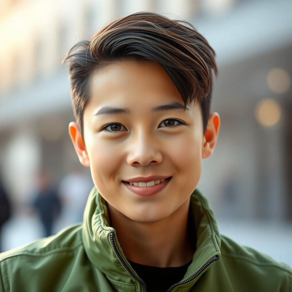 A portrait of a person wearing a green jacket, featuring a stylish hairstyle and an engaging smile