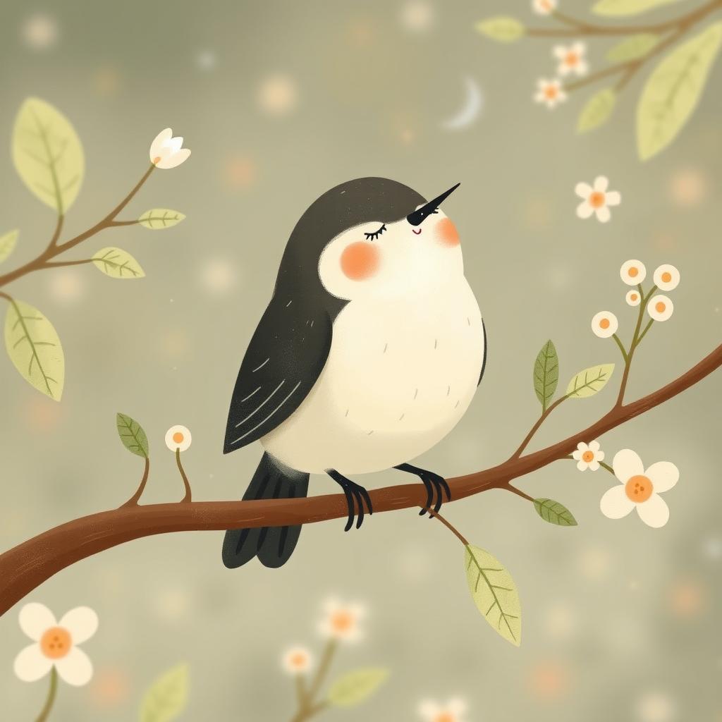 A cute little nightingale perched on a branch, singing joyfully, illustrated in the charming style of Jon Klassen
