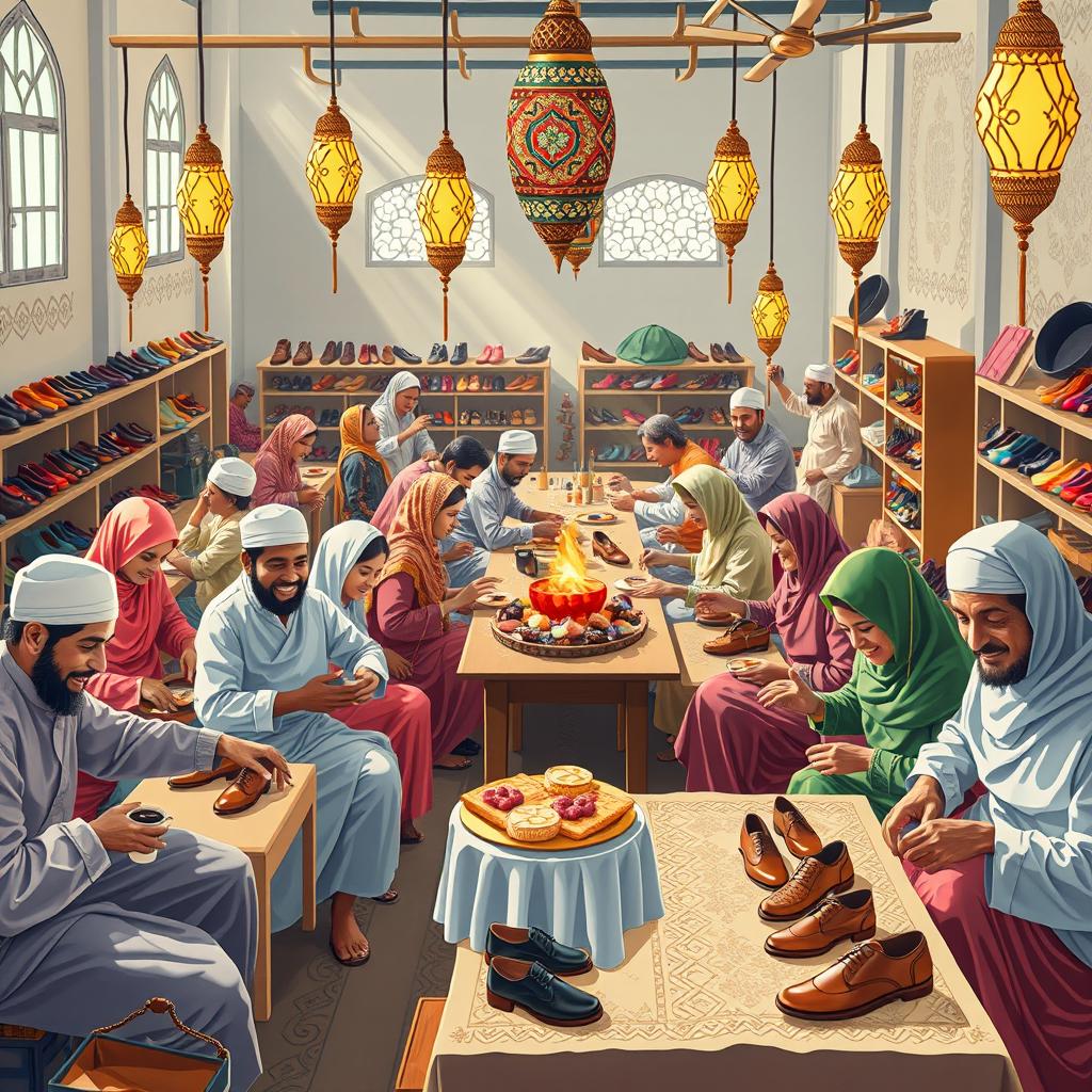 A vibrant scene celebrating Eid al-Fitr within a traditional Islamic theme, showcasing a lively shoe factory filled with enthusiastic workers