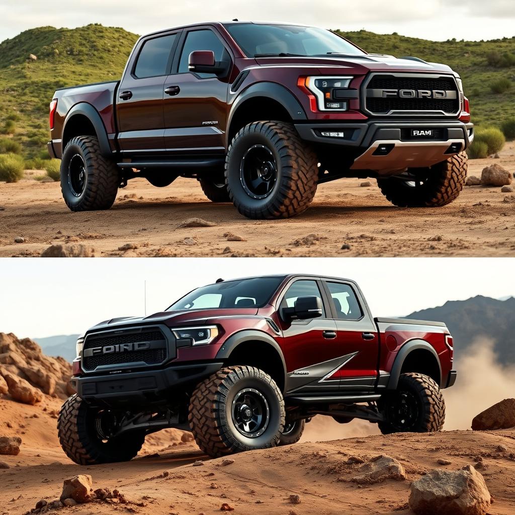 A stunning hybrid pickup truck design that seamlessly combines the ruggedness of a Ford F-150 and the aggressive styling of a Ram TRX