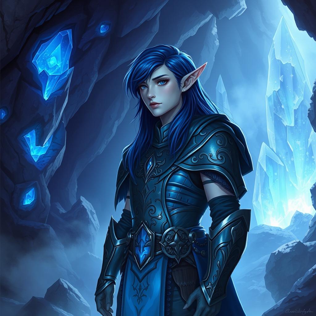 A striking blue half-elf with deep blue hair, standing confidently in a mystical cave