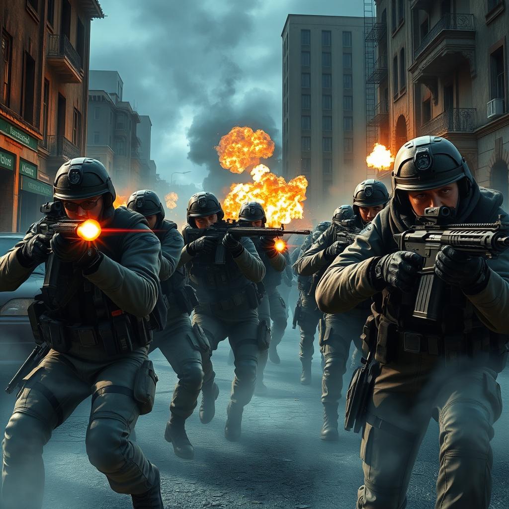 A dynamic and action-packed scene inspired by a first-person shooter game, featuring highly detailed soldiers in tactical gear, engaged in a strategic operation in an urban environment