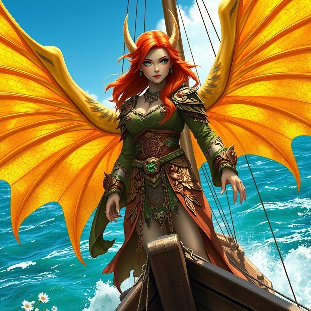 A female red-headed half-elf gold dragon shaman, showcasing magnificent large wings that shimmer with hues of gold in the sunlight