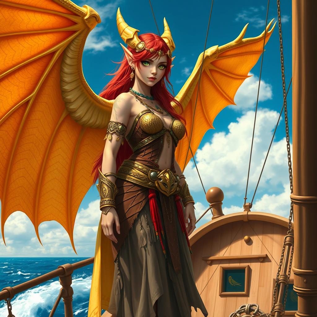 A female red-headed half-elf gold dragon shaman, featuring large majestic wings, vibrant green eyes, and gold scales adorning her cheeks and a few on her neck