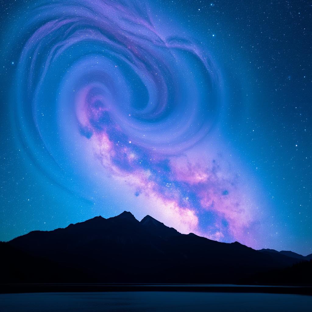 A stunning vertical composition featuring a celestial view of a vibrant galaxy with swirling colors of blue and purple, dotted with twinkling stars