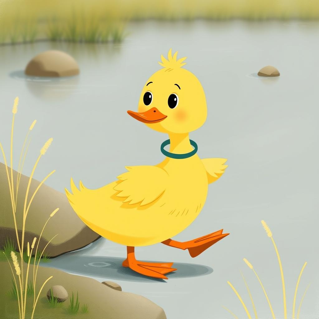 A cute little yellow duck with an expression of medical pride, waddling confidently with big webbed feet towards the riverbank, illustrated in the charming style of Jon Klassen