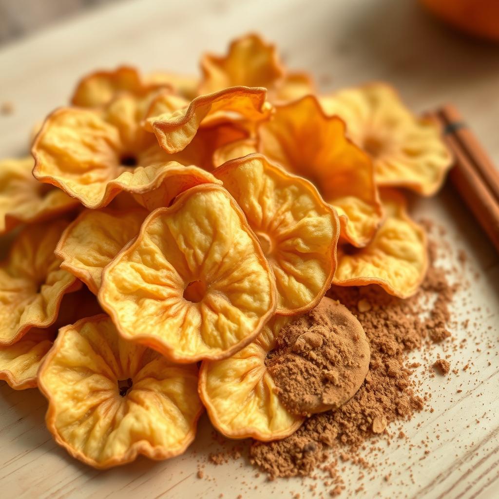 A close-up view of crispy dehydrated apple chips sprinkled with a fine layer of cinnamon dust