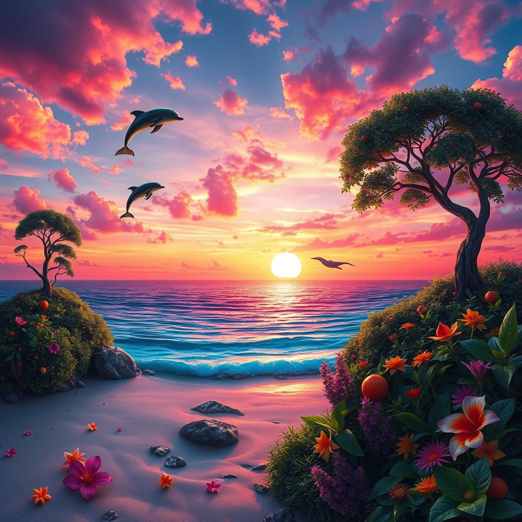 A surreal landscape featuring a vibrant sunset over a tranquil ocean, with fantastical creatures such as flying dolphins and whimsical trees