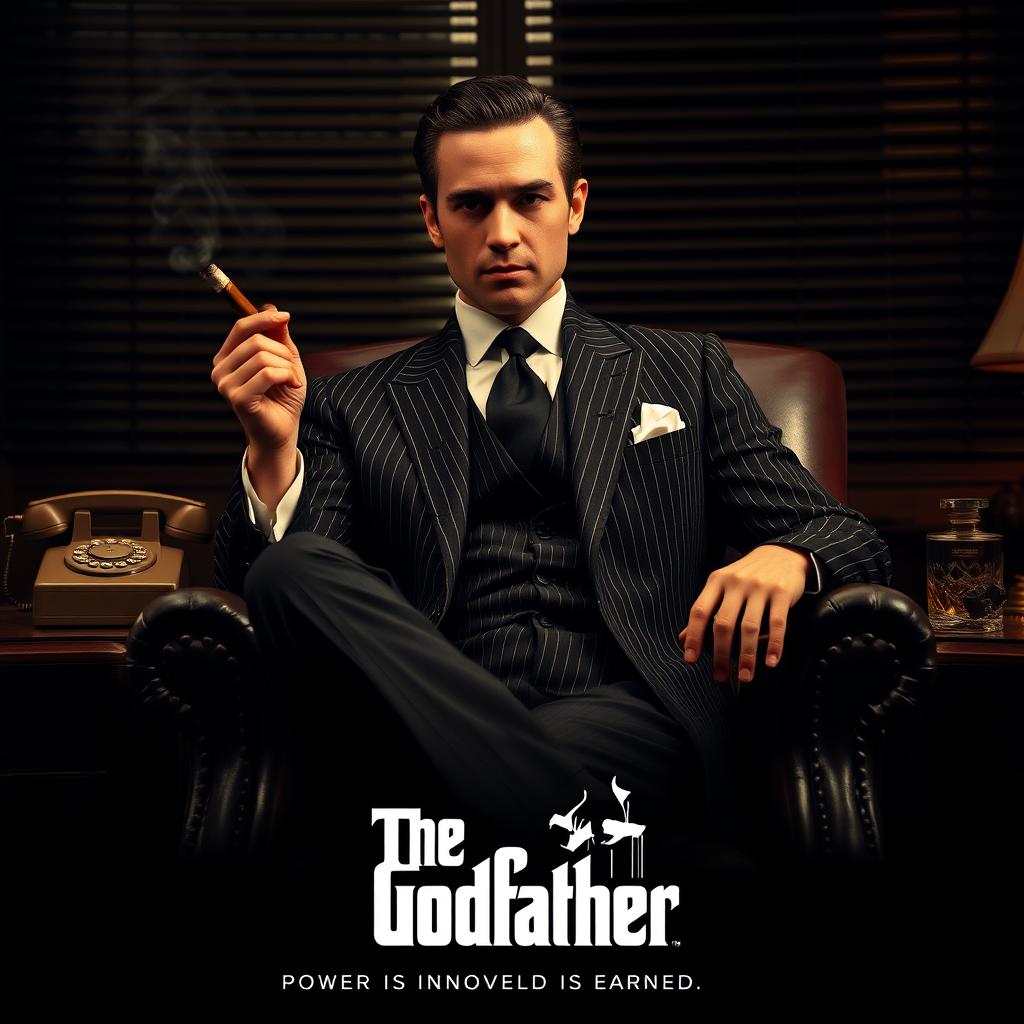 A dramatic and cinematic promotional poster featuring a handsome Latino male actor styled as a 1940s Italian mafia boss, sitting confidently in a dark vintage office