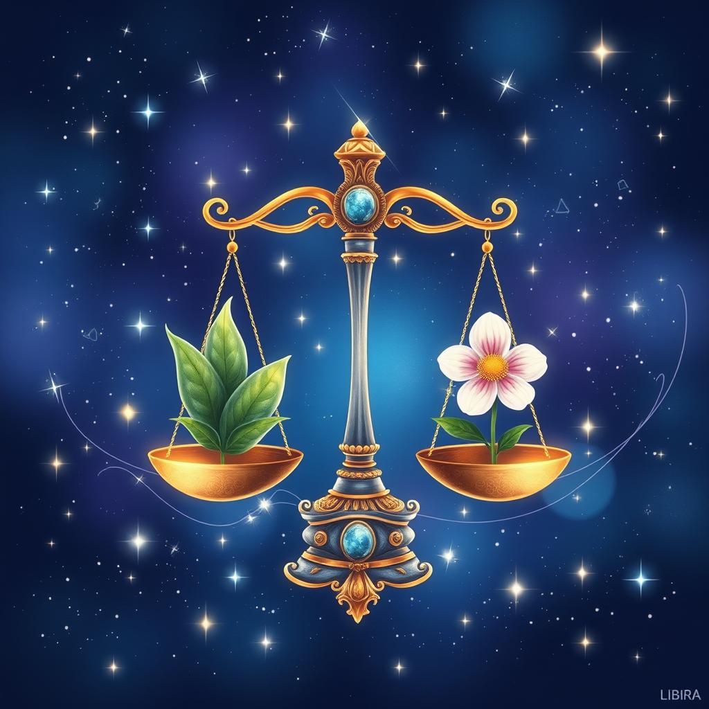 A beautifully illustrated depiction of the Libra zodiac sign, featuring a balanced scale with intricate details, surrounded by stars and constellations