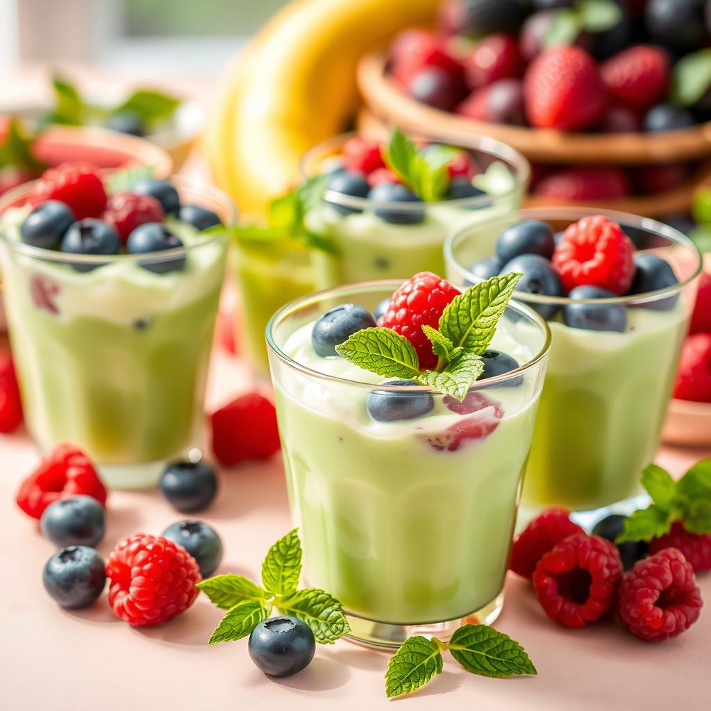 A refreshing and vibrant scene showcasing cold cups filled with green yogurt, blueberries, and raspberries