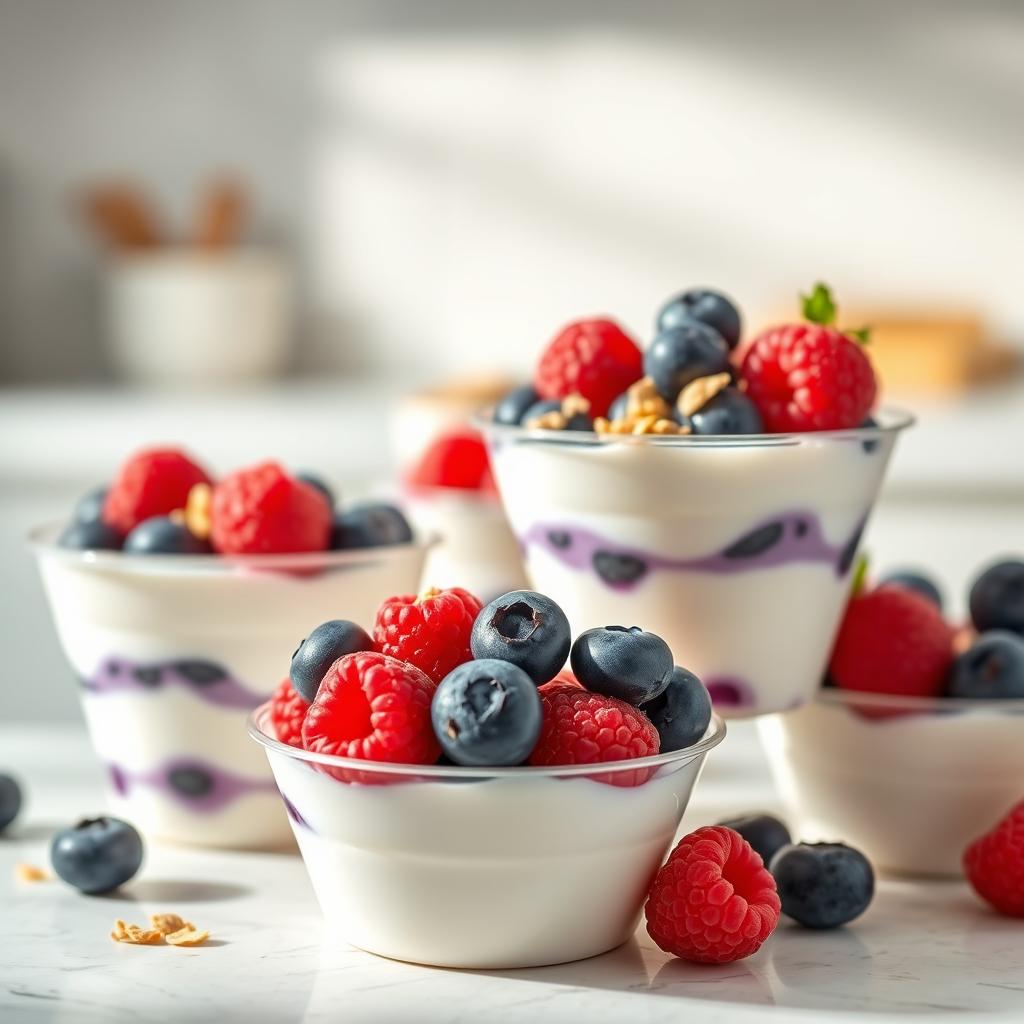 An enticing display of frozen Greek yogurt cups filled with luscious blueberries and tart raspberries