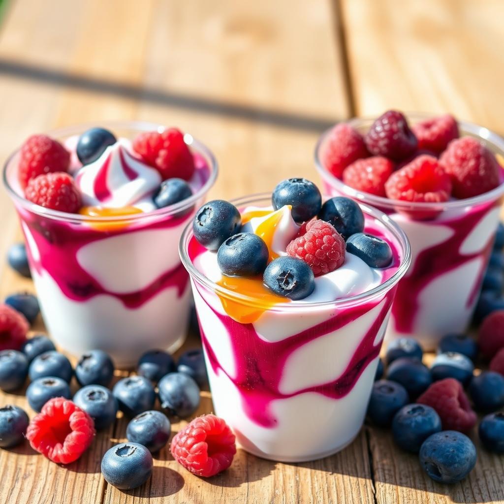 A delightful and refreshing scene showcasing frozen Greek yogurt cups filled with vibrant blueberries and raspberries