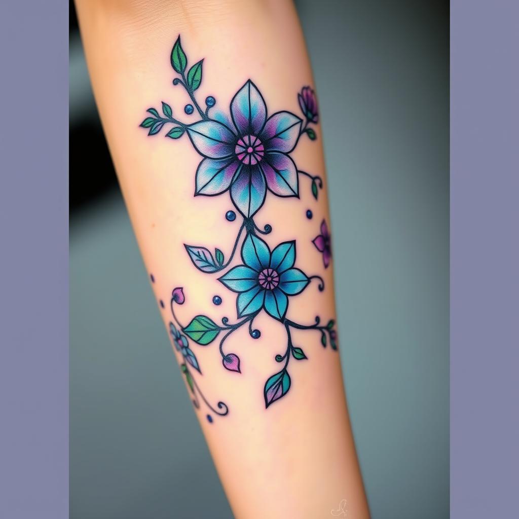 A beautifully designed tattoo featuring intricate patterns of flowers, vines, and geometric shapes