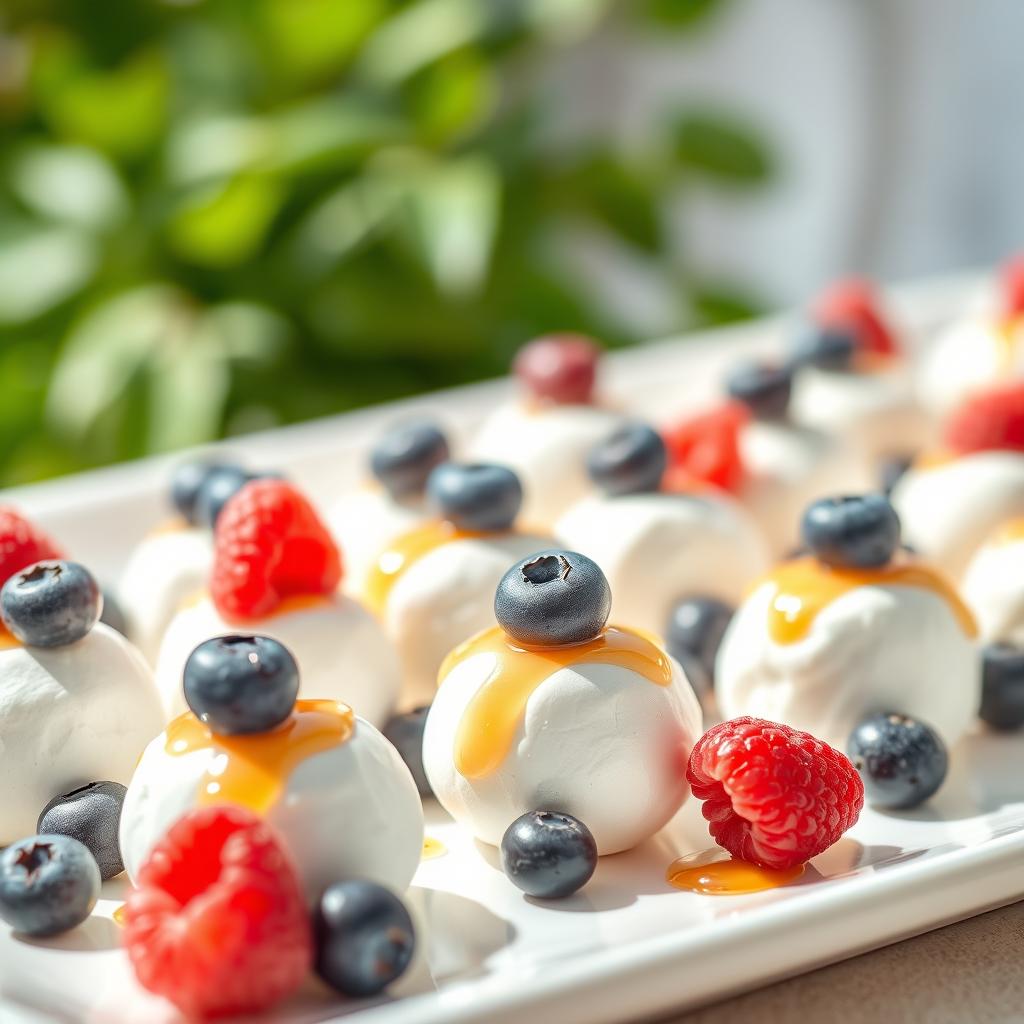 An enticing display of frozen Greek yogurt bites, each perfectly formed and topped with luscious blueberries and raspberries