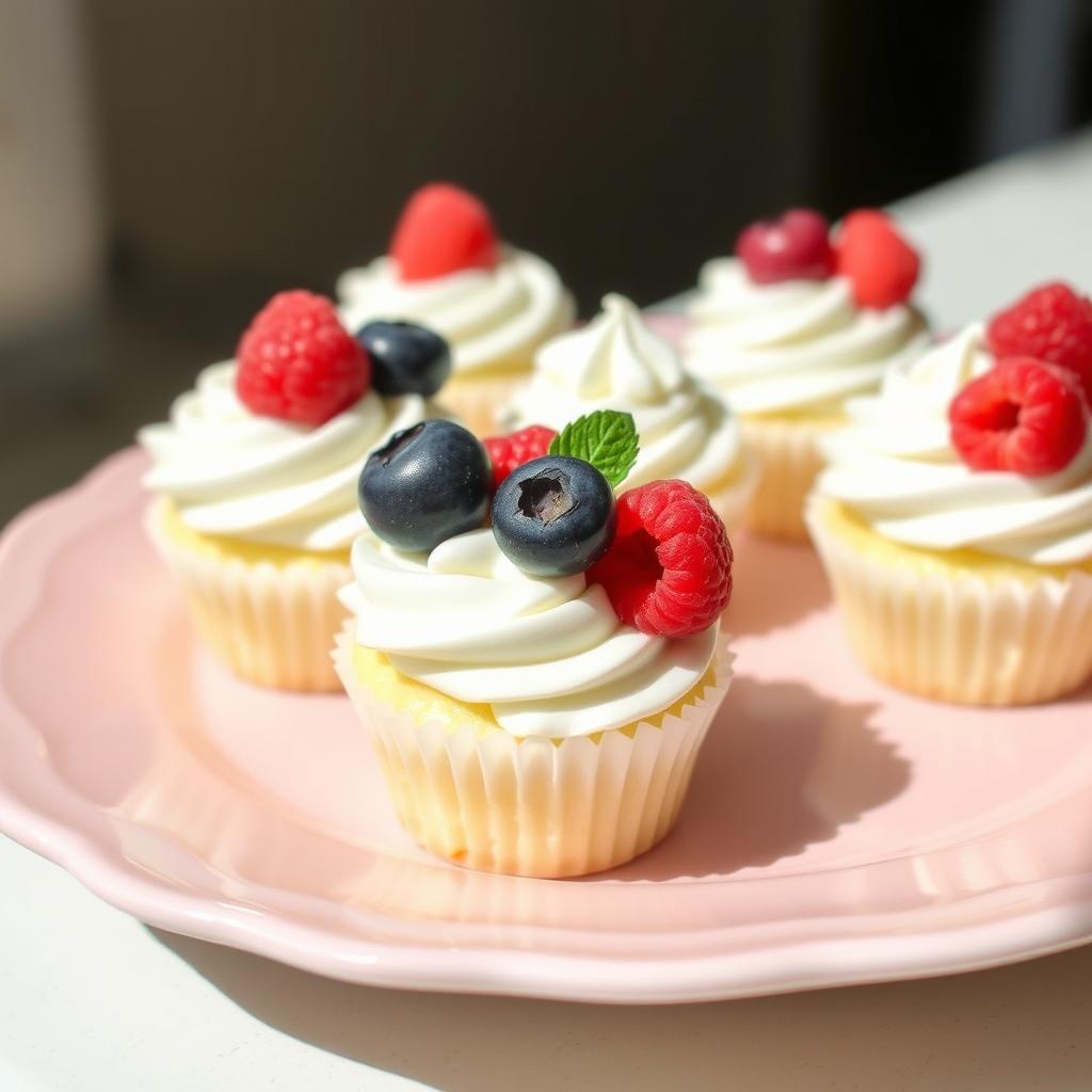 An enticing display of frozen Greek yogurt cupcake bites, beautifully topped with a medley of fresh blueberries and raspberries