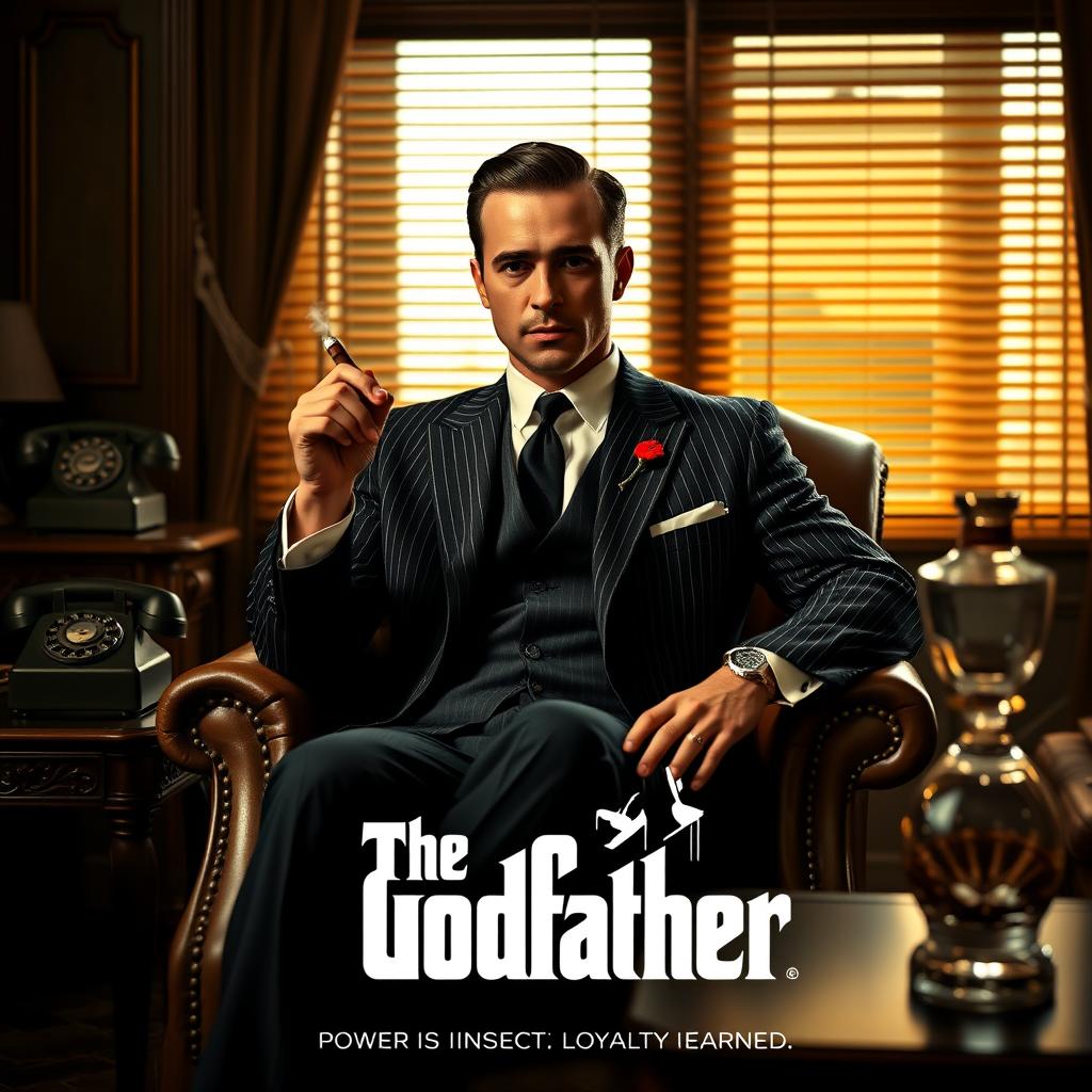 A promotional poster featuring a handsome Latino male actor styled as a 1940s Italian mafia boss