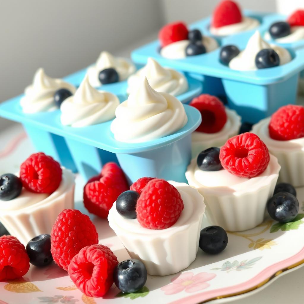 An appealing presentation of frozen Greek yogurt bites shaped in cute cupcake molds, topped generously with fresh blueberries and raspberries