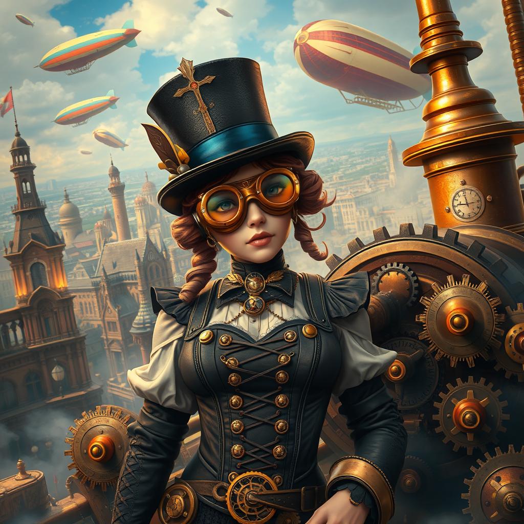 A captivating steampunk scene featuring intricate gears and cogs in a Victorian-era-inspired setting