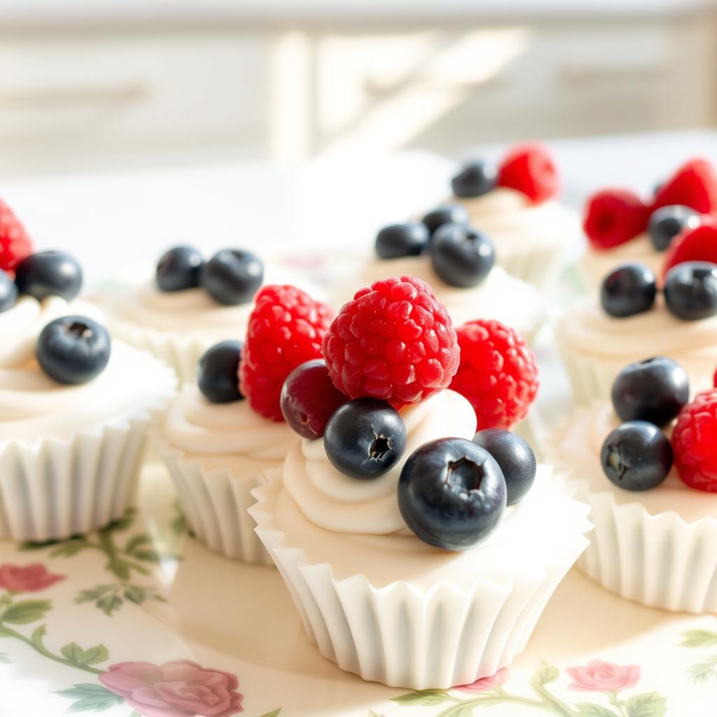An inviting assortment of frozen Greek yogurt bites created in cupcake molds, topped generously with fresh blueberries and raspberries