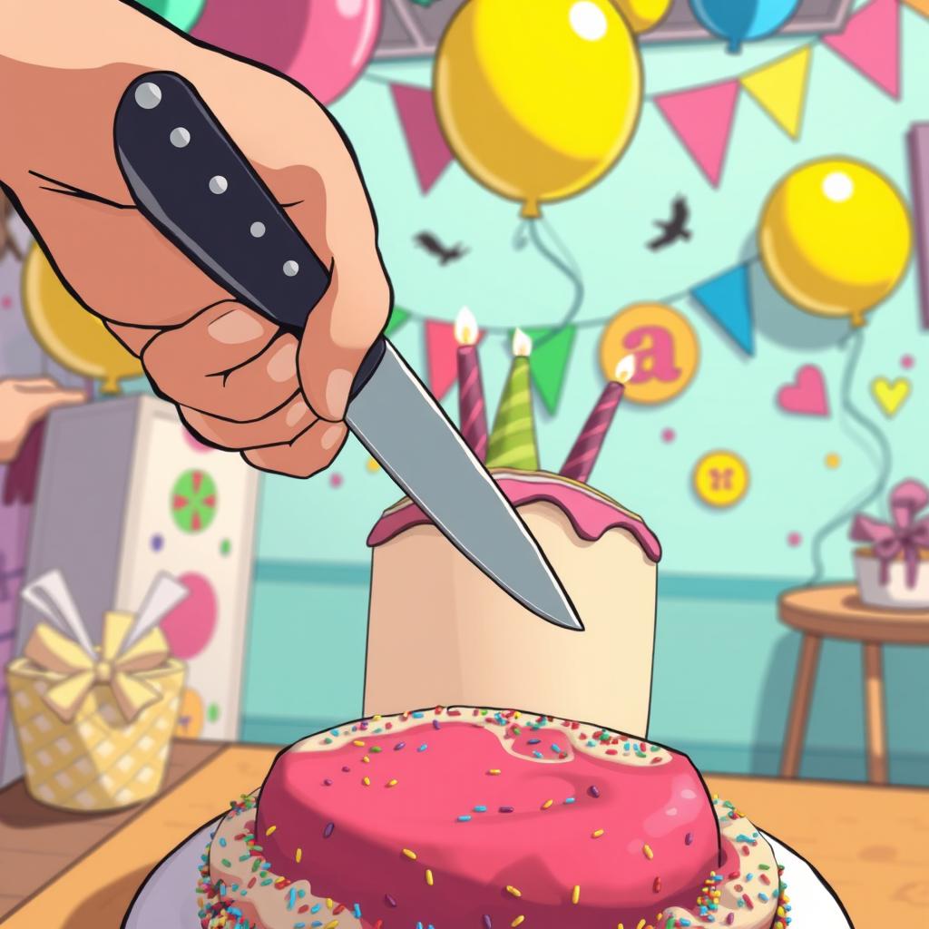 A cartoon scene depicting a hand holding a knife, cutting through a cake
