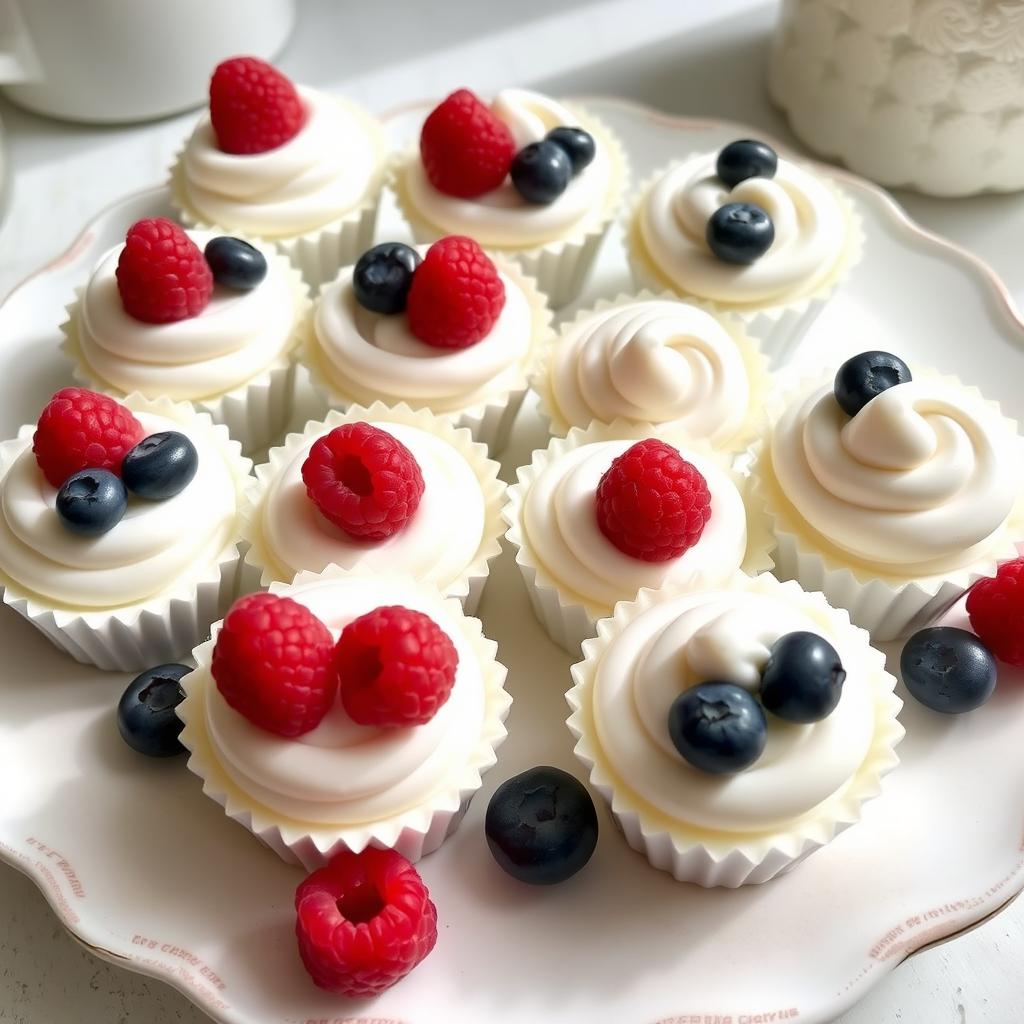 A delightful assortment of frozen Greek yogurt bites elegantly crafted in cupcake molds, each topped with fresh blueberries and raspberries