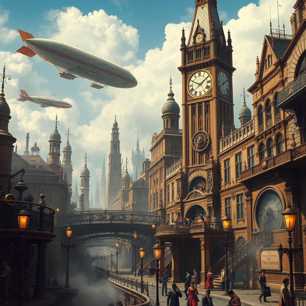 A fantastical steampunk cityscape, filled with intricate gears, clockwork mechanisms, and towering Victorian-style buildings
