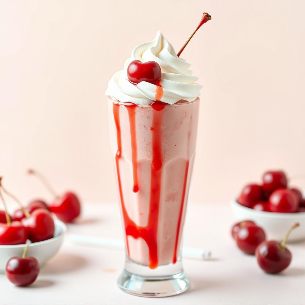 A deliciously vibrant cherry milkshake, beautifully blended to a creamy consistency and served in a tall, frosty glass