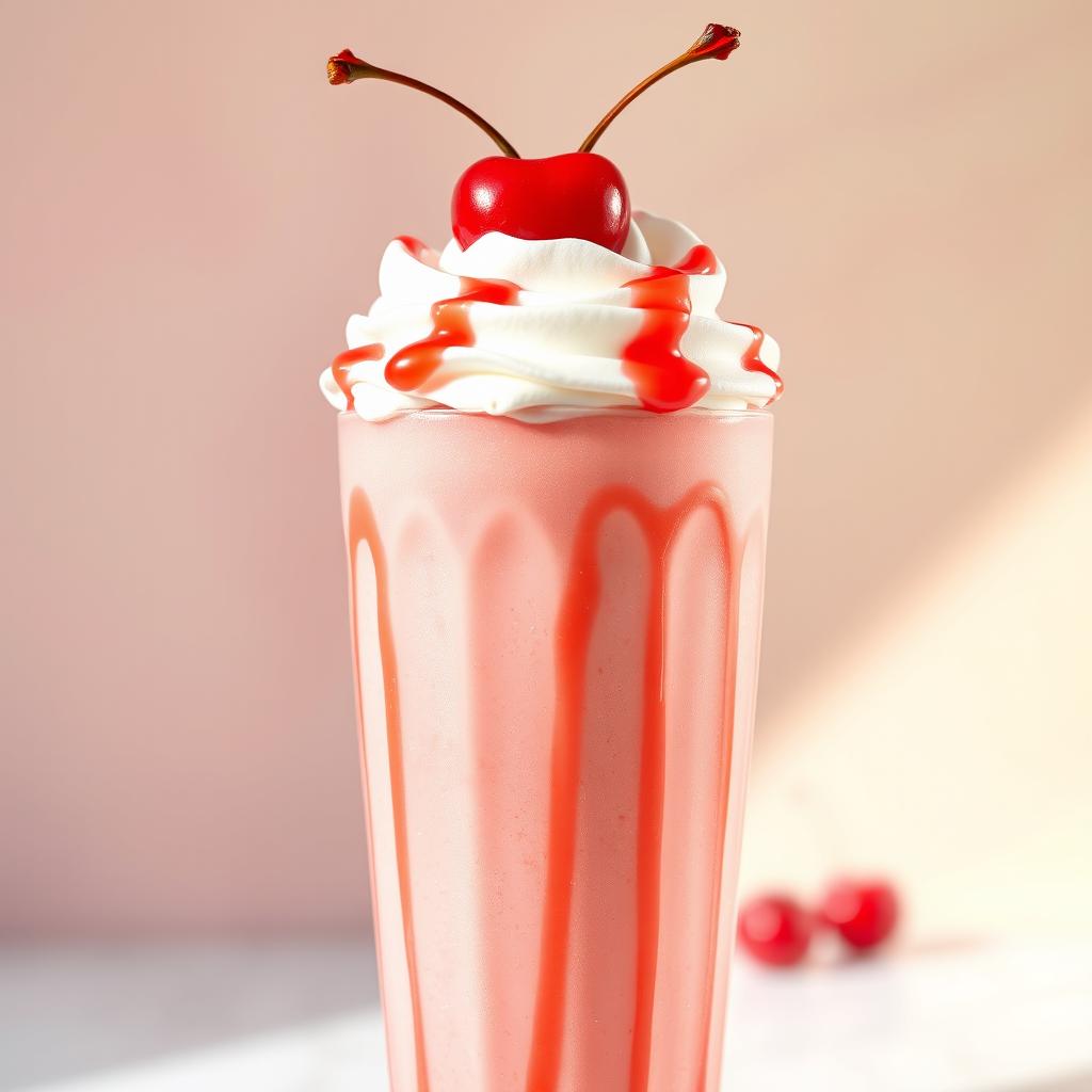 A luscious cherry milkshake served in a tall, frosty glass, showcasing a thick and creamy texture
