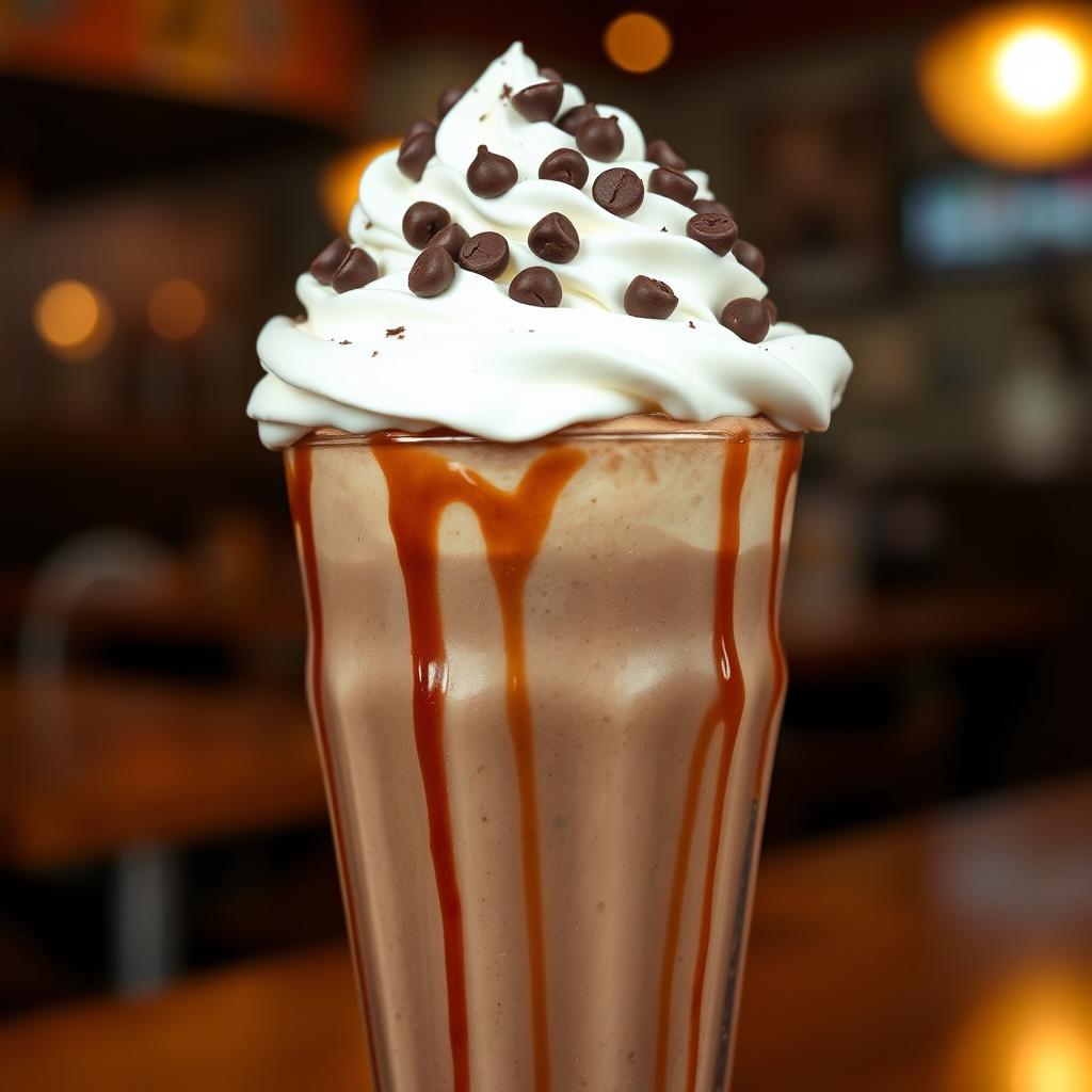A rich and indulgent chocolate milkshake served in a tall, chilled glass, showcasing a thick and creamy texture that's dark brown in color