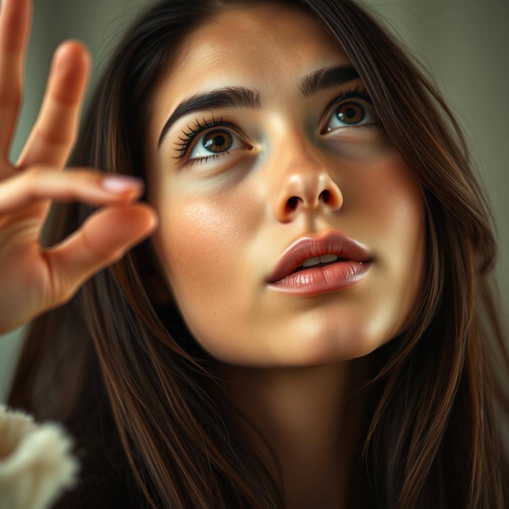 A close-up full face of a beautiful woman with expressive features, looking up with a hopeful gaze, her long hair cascading down around her shoulders